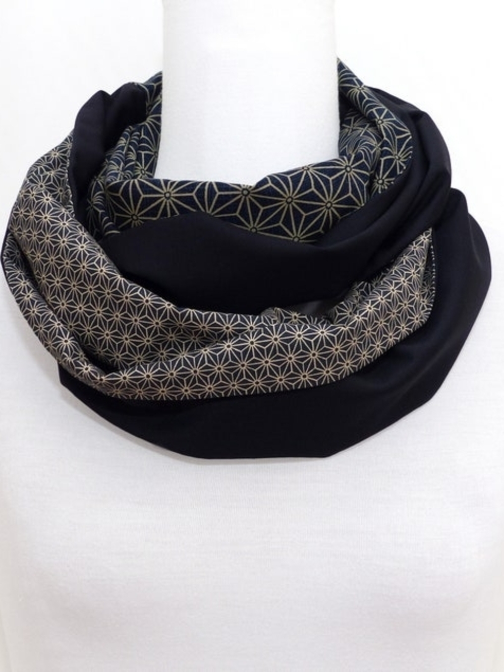 Navy Blue  Infinity Scarf with Tan Asanoha Geometric Print
